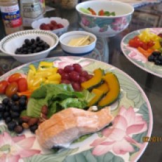 New Year's Resolution for a Healthy Lunch of Fruits and Vegetables With Steamed Salmon